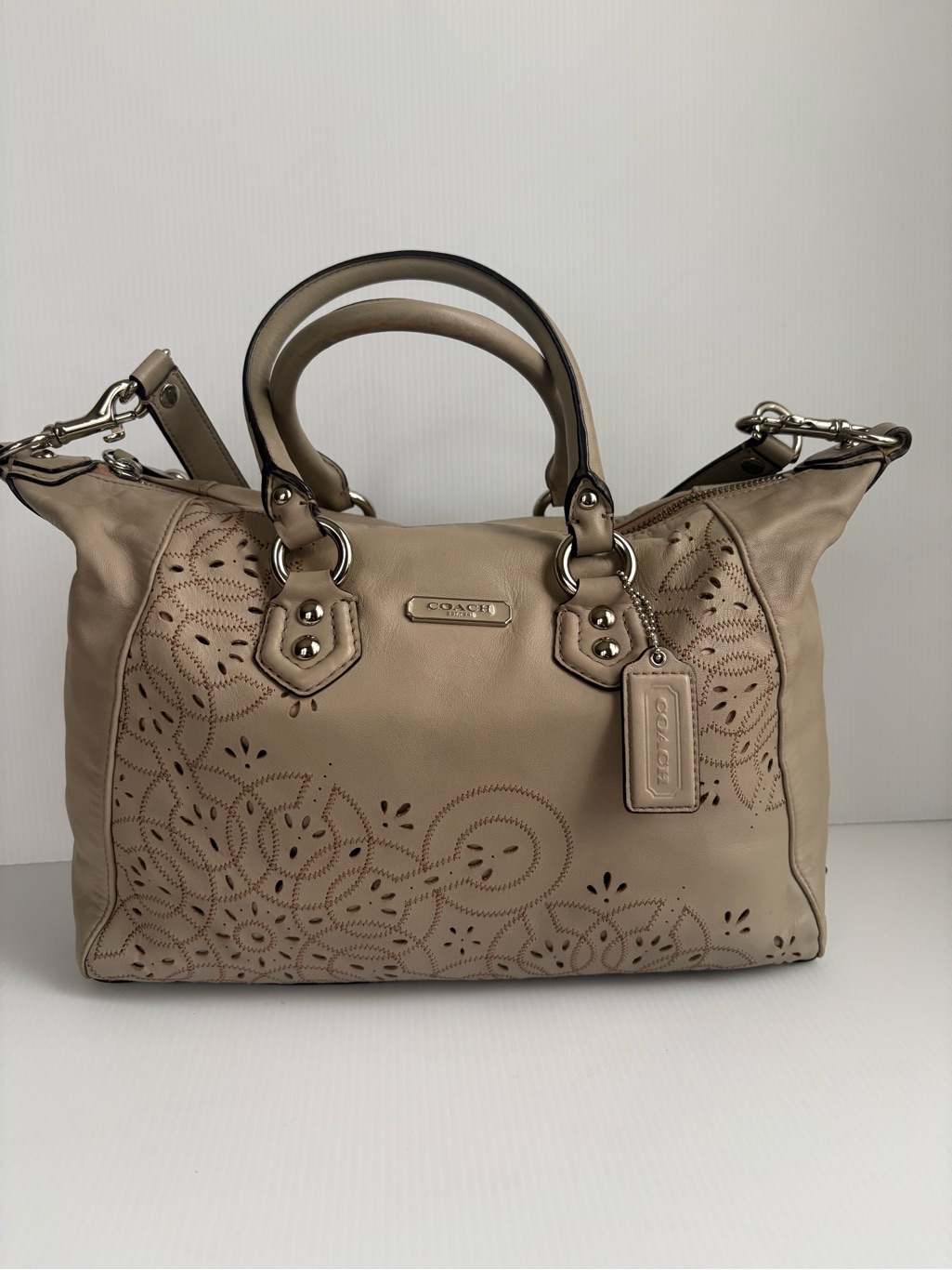 Coach Ashley Leather Tossed Laser Cut Satchel Shoulder Bag Mushroom Color Euc